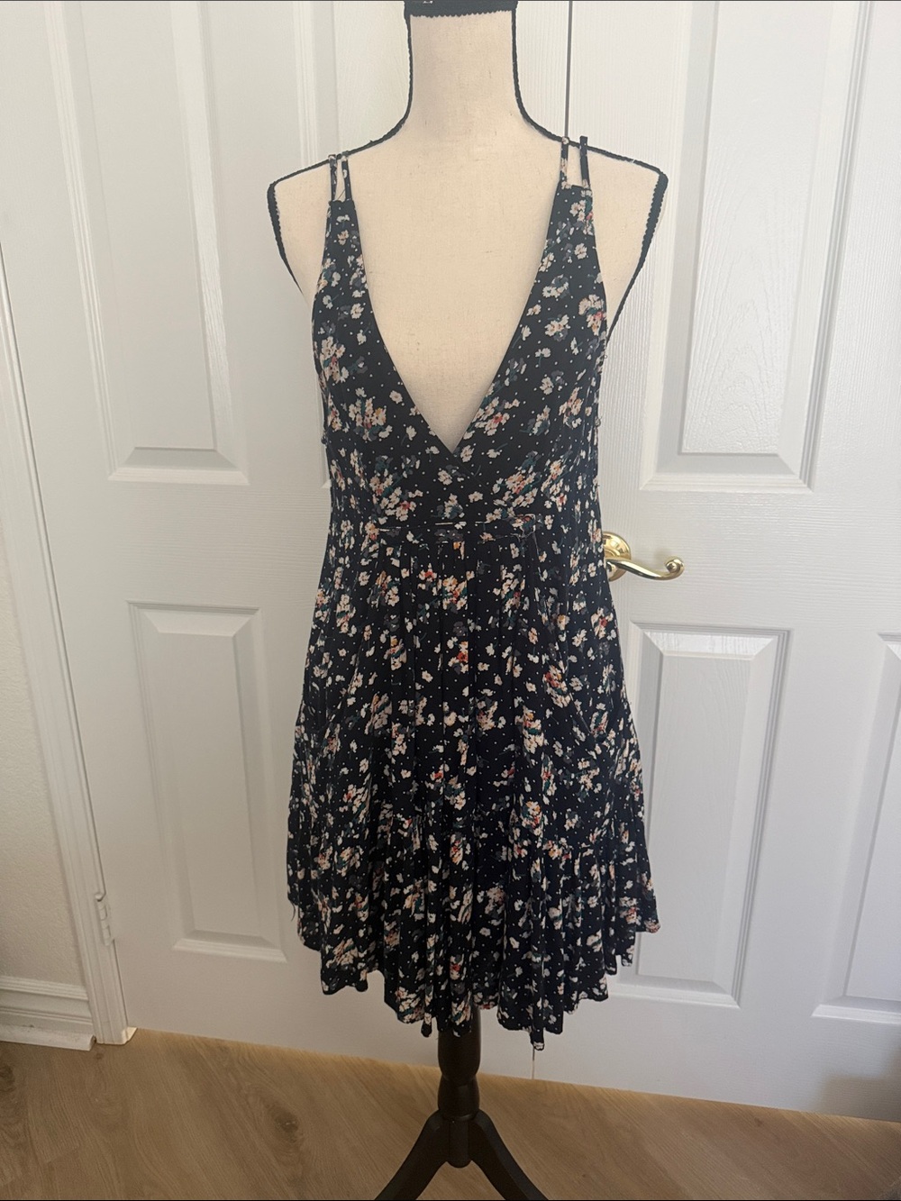 Black Floral V-Neck Mini Dress with Adjustable Straps